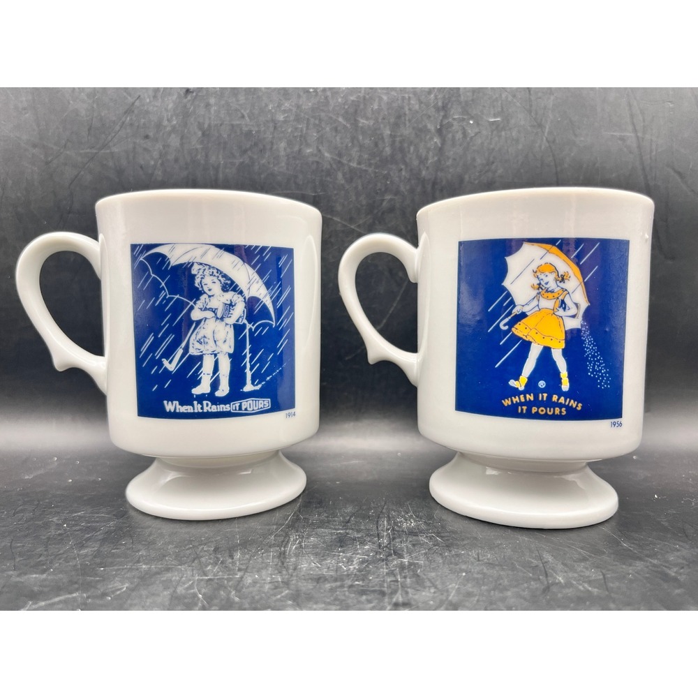 Morton Salt Girl Vtg Coffee Mug Set 1914‎ 1956 When It Rains It Pours White 4"